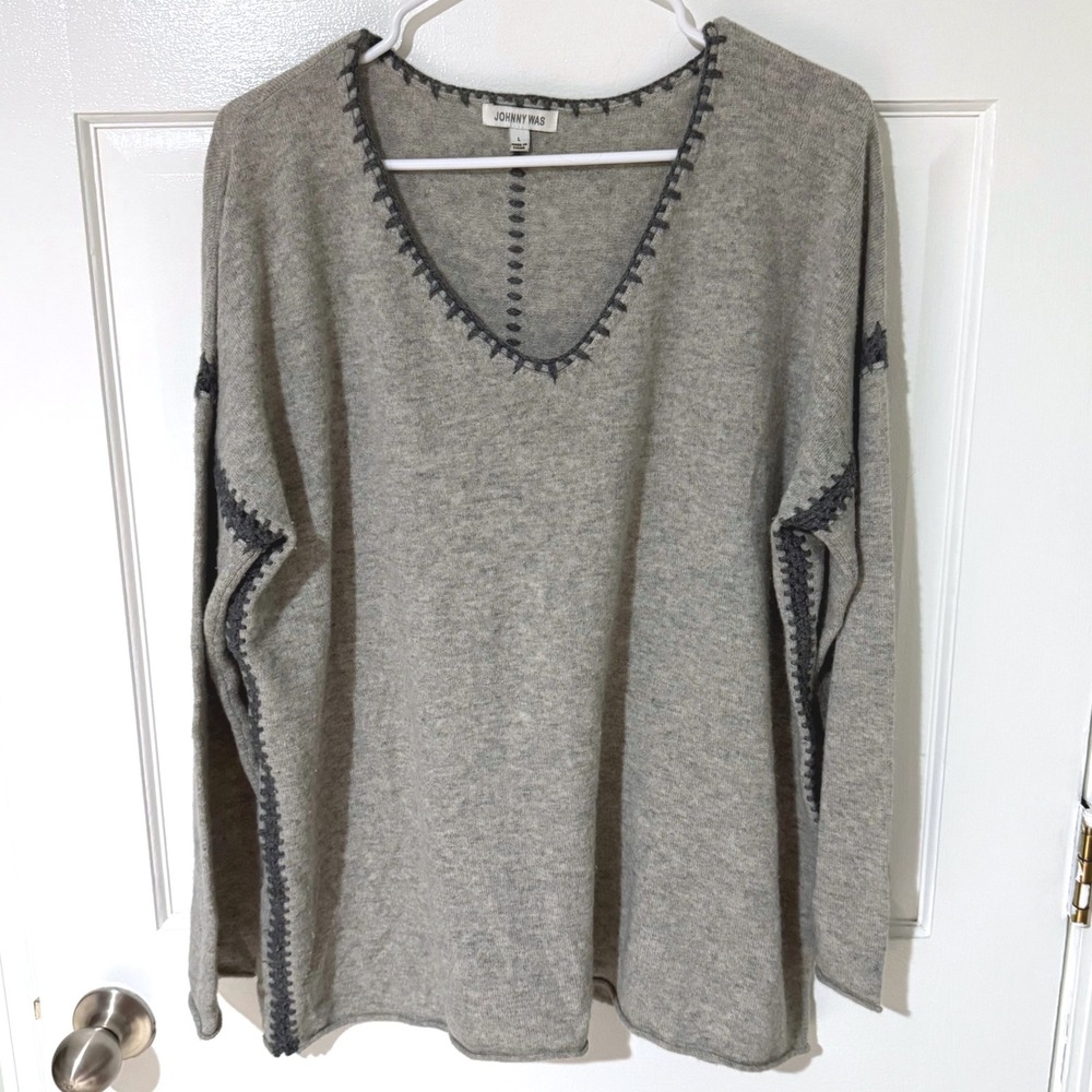 Johnny Was Gray 100% Cashmere Whipstitch V-Neck Sweater Womens Large M51119